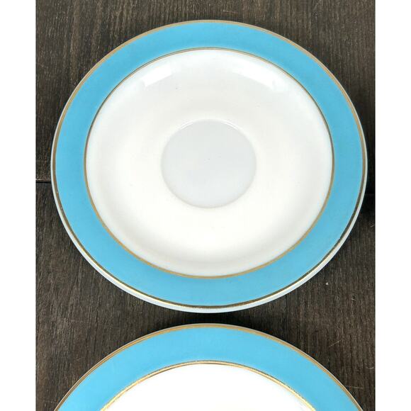 4 Vintage Pyrex Saucers Plates Turquoise Blue Band Milk Glass W/ Gold Trim 6" - Picture 3 of 8